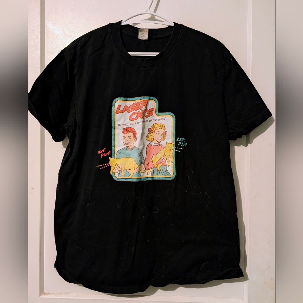 Black "Lazer Cats" Graphic T-Shirt Size L